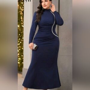 SHEIN Navy Long Sleeve Dress with Silver Embellishment